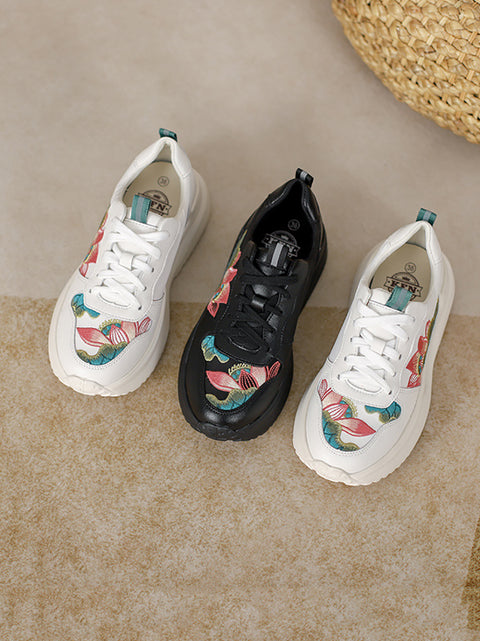 Women Fashion Lotus Embroidery Genuine Leather Sport Shoes