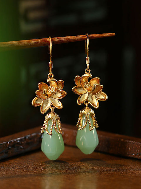 Women Ethnic Jade Glod Plating Flower Earrings