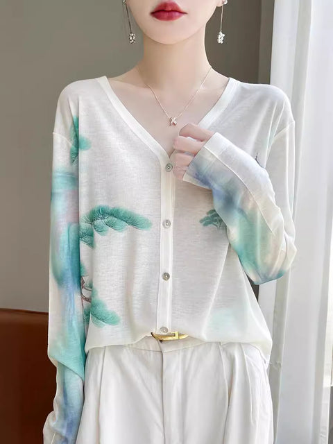 Women Spring Casual Flower V-Neck Shirt