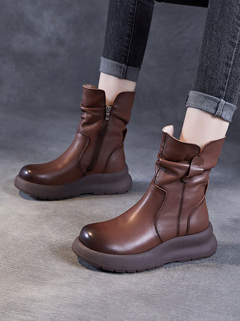 Women Winter Genuine Leather Spliced Low Heel Boots