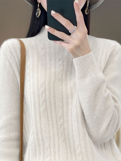 Women Autumn Solid Cable Knit 100%Wool Half Turtleneck Sweater