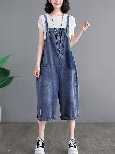 Women Summer Washed Pocket Frayed Button Denim Jumpsuits