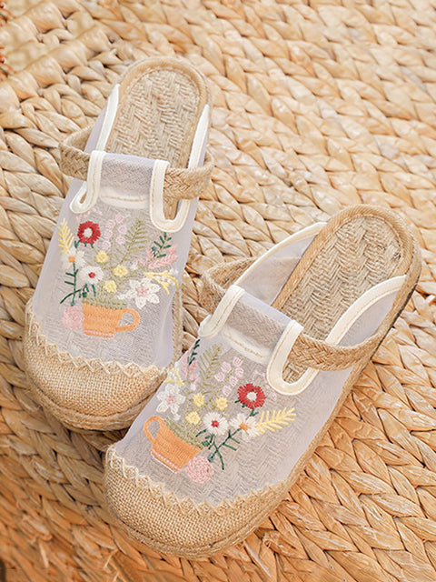 Women Summer Flower Embroidery Linen Spliced Shoes