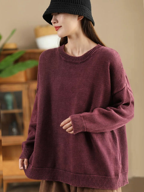 Women Autumn Casual O-Neck Pure Color Knit Sweater