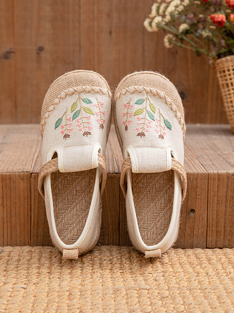 Women Ethnic Flower Embroidery Linen Cotton Flat Shoes