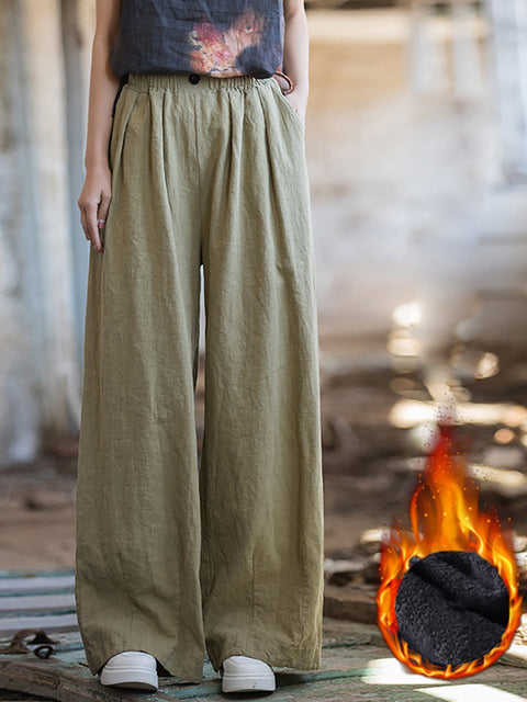 Women Winter Solid Fleece-lined Wide-leg Pants