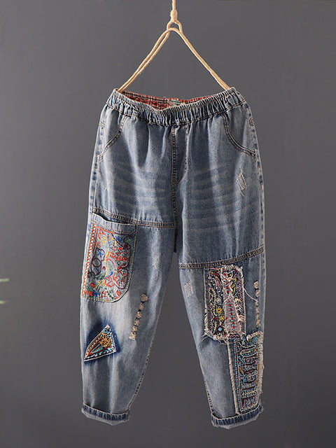 Women Summer Retro Embroidery Spliced Burrs Denim Pants