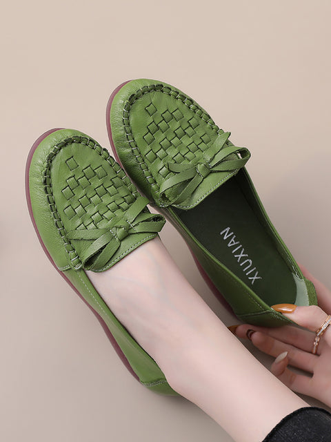 Women Summer Casual Solid Soft Leather Weave Flat Shoes