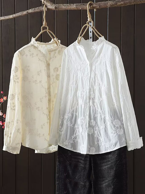 Plus Size Women Spring Flower Jacquard Lacework Neck Shirt