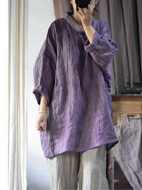 Women Vintage Solid Linen Loose Long Blouse