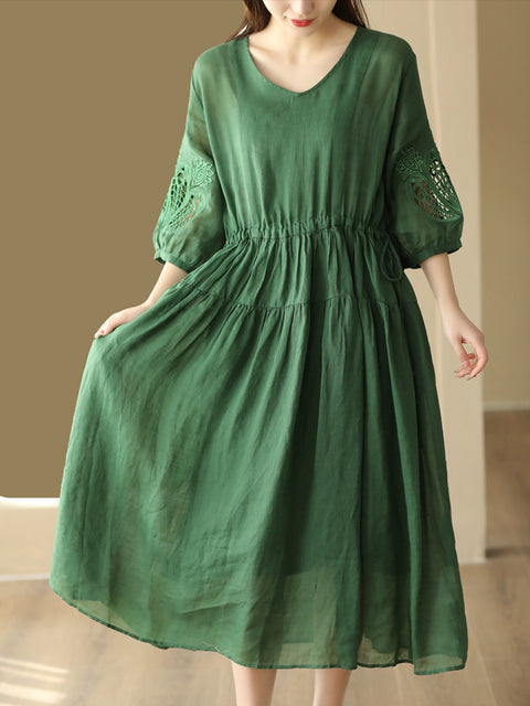 Women Vintage Embroidery Solid Stitching Ramie Dress