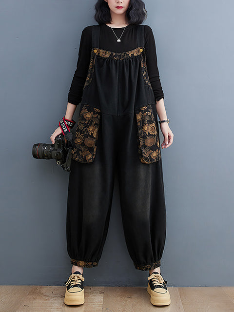 Women Vintage Floral Spliced Winter Denim Jumpsuits