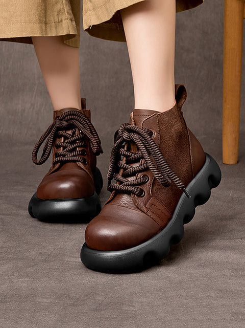 Women Vintage Leather Spliced Strap Mid-Heel Martine Boots