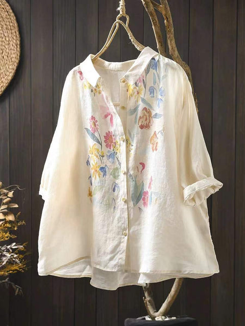 Women Artsy Summer Flower Print Ramie Blouse