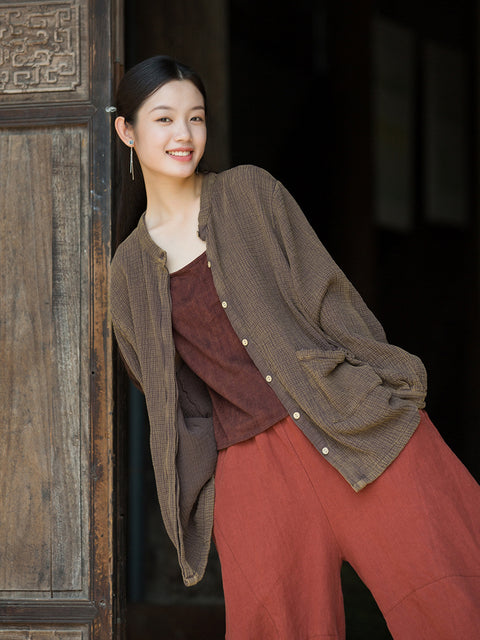 Women Vintage Autumn Solid Cotton O-Neck Shirt Coat