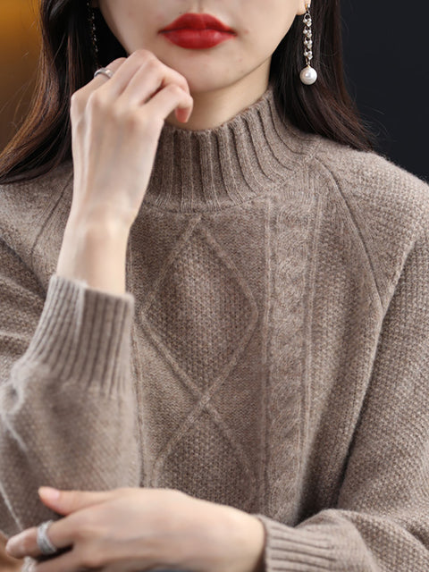 Women Winter Rhomboids Wool Half-Turtleneck Sweater