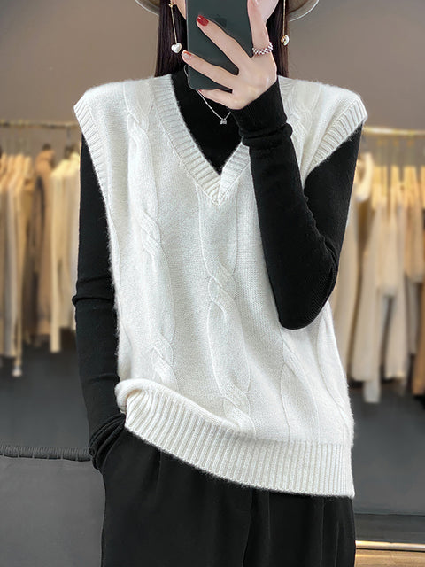 Women Casual Autumn Wool V-Neck Cable Knit Vest