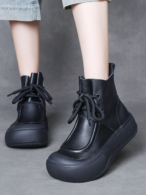 Women Vintage Genuine Leather Strap Mid-Heel Boots