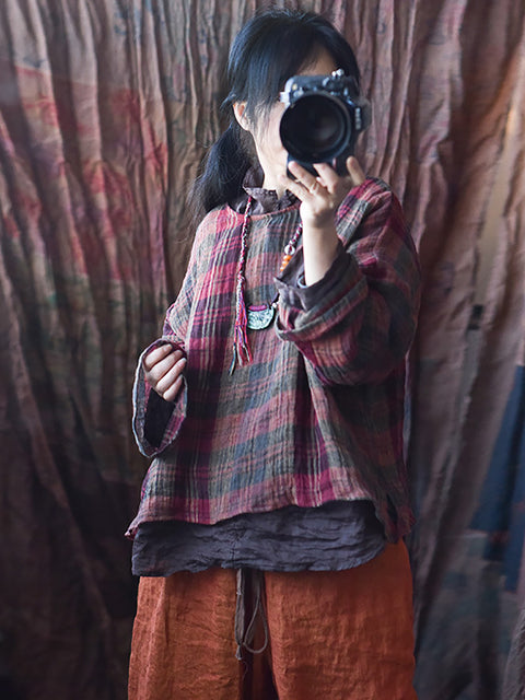 Women Spring Linen Retro Plaid Loose Shirt