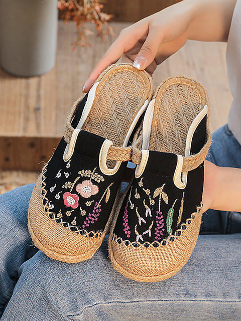 Women Summer Flower Embroidery Linen Slippers