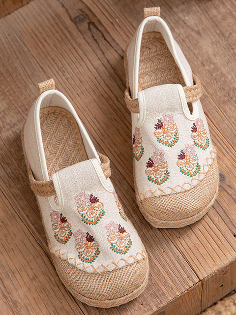 Women Ethnic Flower Embroidery Linen Flat Shoes