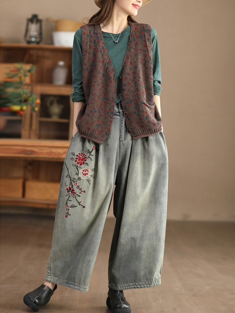 Women Spring Vintage Flower Embroidery Denim Pants