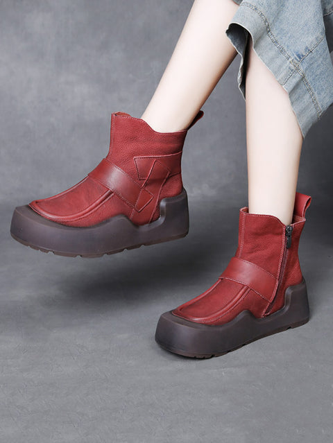 Women Vintage Genuine Leather Spliced Platform Boots