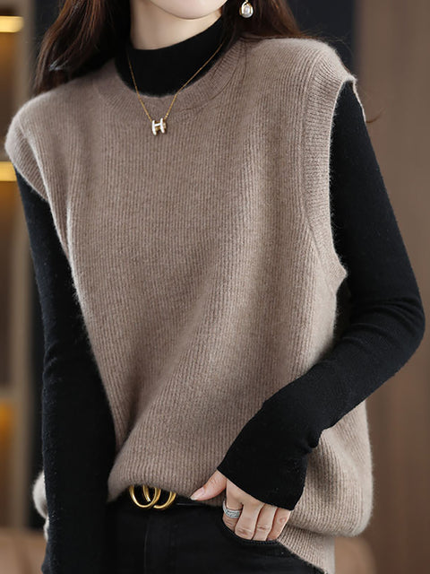 Women Casual Autumn Wool O-Neck Knit Vest