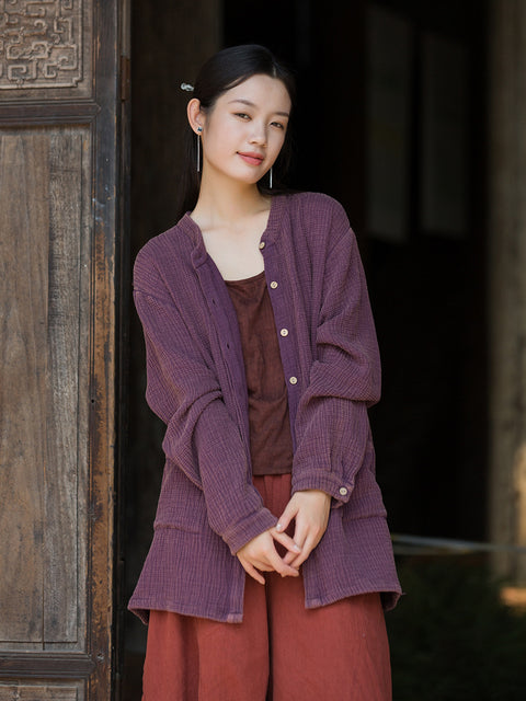 Women Vintage Autumn Solid Cotton O-Neck Shirt Coat