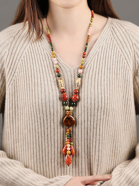 Women Ethnic Multicolor Bead Coloured Glaze Sweater Necklace