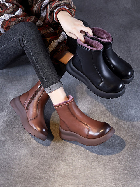 Women Vintage Genuine Leather Fleece-lined Platfrom Boots