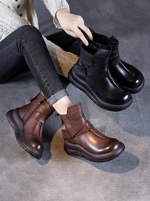 Women Vintage Genuine Leather Spliced Platform Ankle Boots