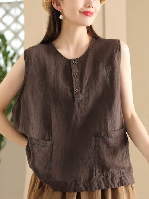 Women Summer Vintage Solid Pocket O-Neck Linen Vest