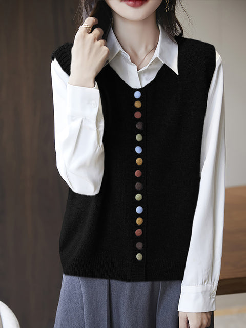 Women Casual Autumn O-Neck Colorful Button Knit Vest