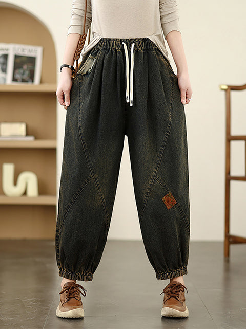 Women Spring Retro Patch Denim Harem Pants