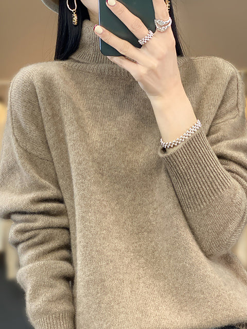 Women Autumn Turtleneck Knit 100%Wool Sweater