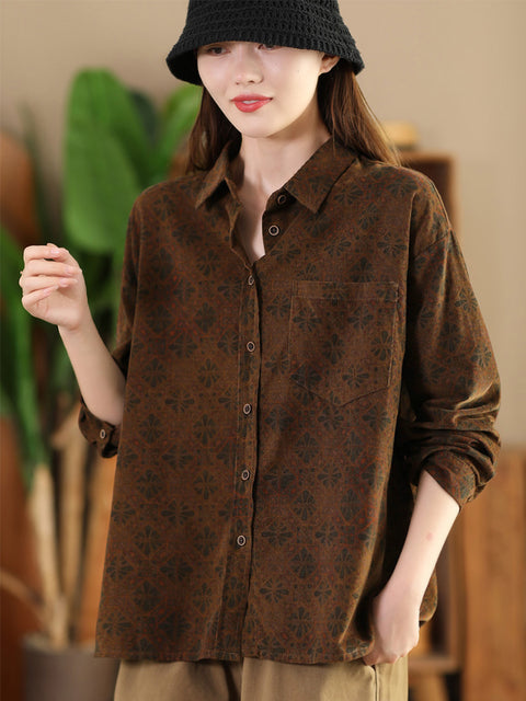 Women Autumn Vintage Flower Croduroy Cotton Shirt