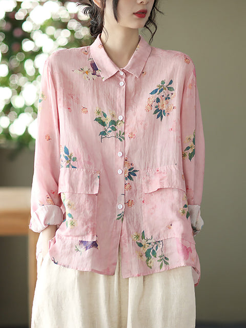 Women Vintage Floral Spring Button Up Ramie Blouse