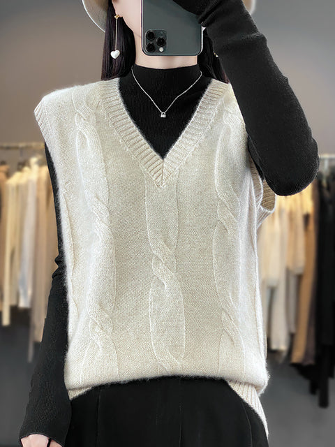 Women Casual Autumn Wool V-Neck Cable Knit Vest