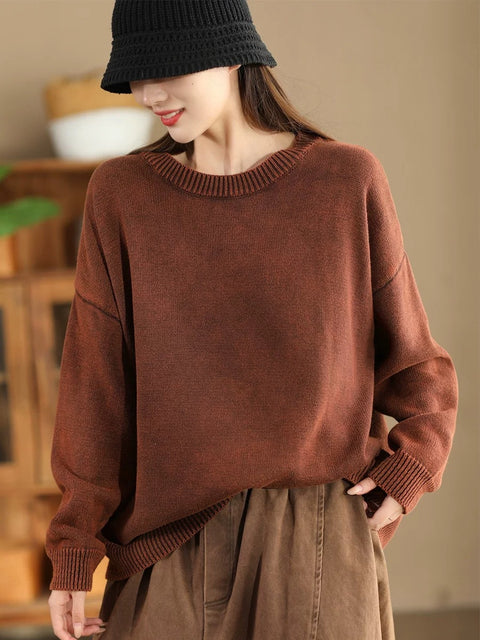 Women Autumn Casual O-Neck Pure Color Knit Sweater