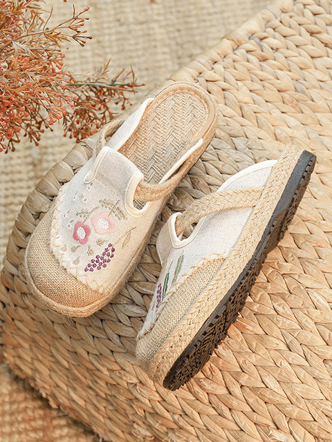 Women Summer Flower Embroidery Linen Slippers