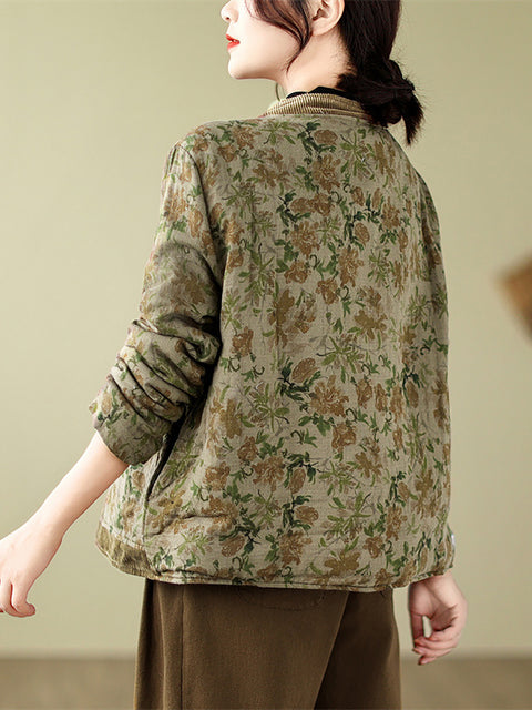 Women Retro Floral Spliced V-Neck Padded Jacket