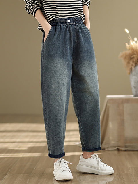 Women Spring Retro Pure Color Denim Harem Pants