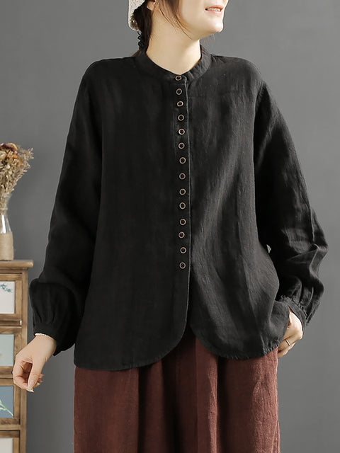 Plus Size Women Retro Spring Button O-Neck Linen Shirt