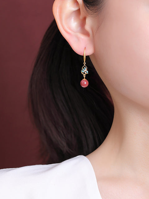 Women Vintage S925Sliver Red Bead Flower Earrings