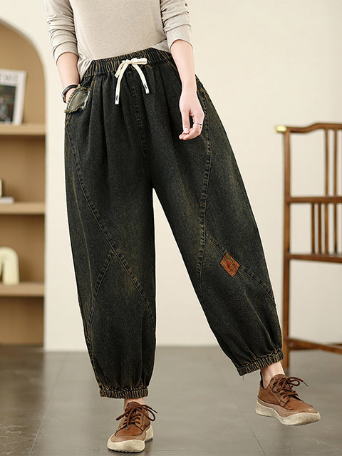 Women Spring Retro Patch Denim Harem Pants