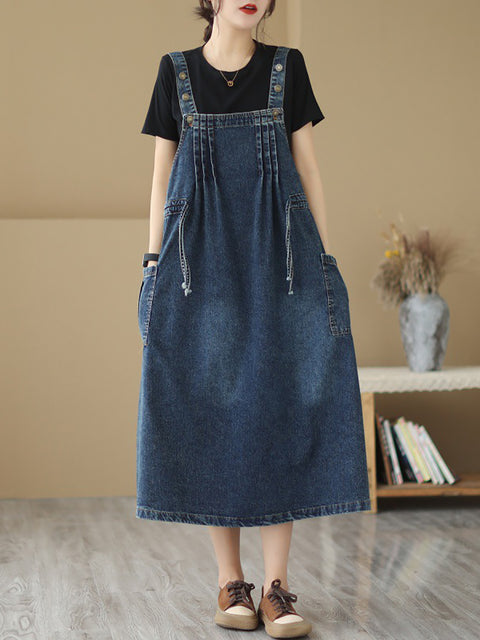 Women Summer Retro Pleat Drawstring Pocket Denim Dress