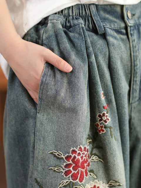 Women Spring Vintage Flower Embroidery Denim Pants