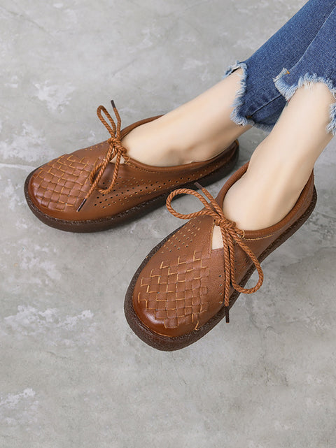 Women Vintage Summer Leather Weave Flat Shoes