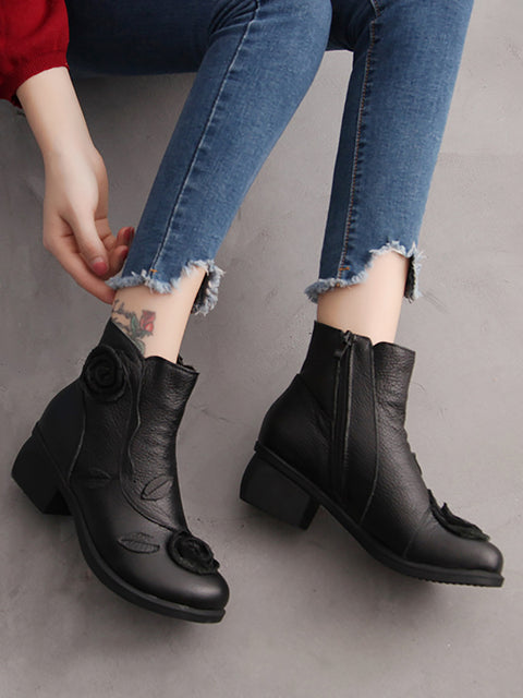 Women Retro Flower Leather Solid Mid-Heel Boots